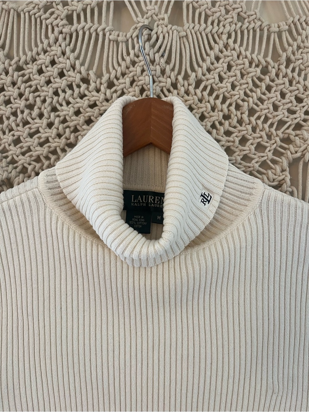 Vintage Lauren Ralph Lauren Cream 100% Cotton Ribbed Turtleneck Sweater - Size M